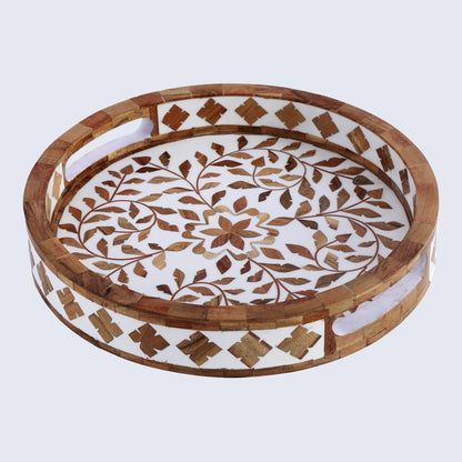 Decorative Tray Alhambra Cerco Wood & Resin Inlay in 12x12, Brown & White