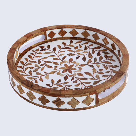 Decorative Tray Alhambra Cerco Wood & Resin Inlay in 12x12, Brown & White