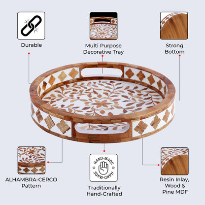 Decorative Tray Alhambra Cerco Wood & Resin Inlay in 12x12, Brown & White
