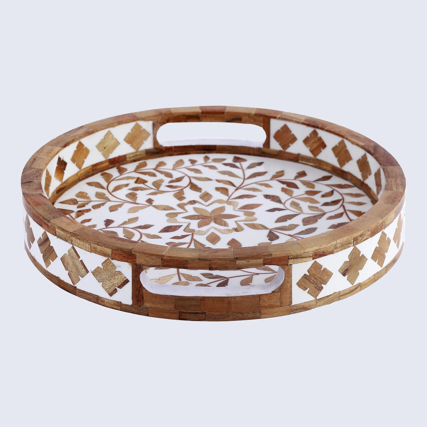 Decorative Tray Alhambra Cerco Wood & Resin Inlay in 12x12, Brown & White