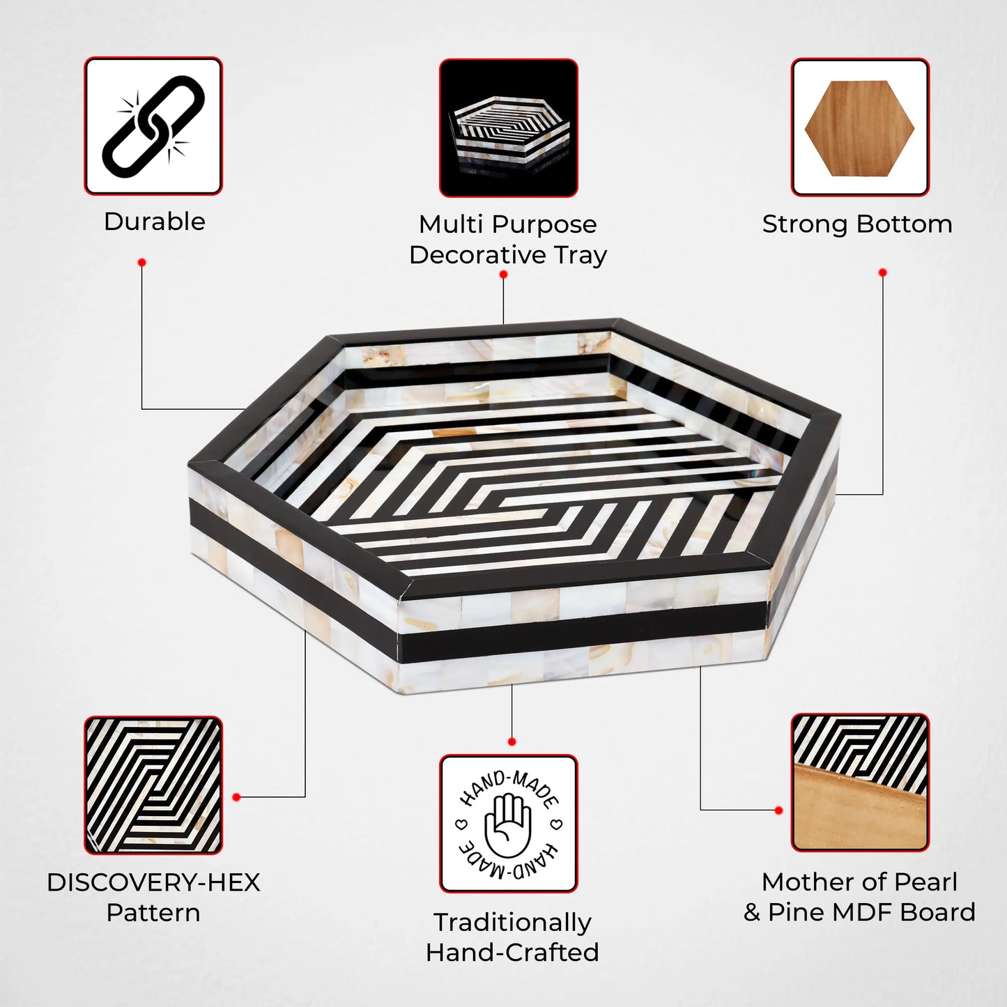 Decorative Trays Discovery Hex Pattern Mother of Pearl & Resin Inlay Collection in 12x12
