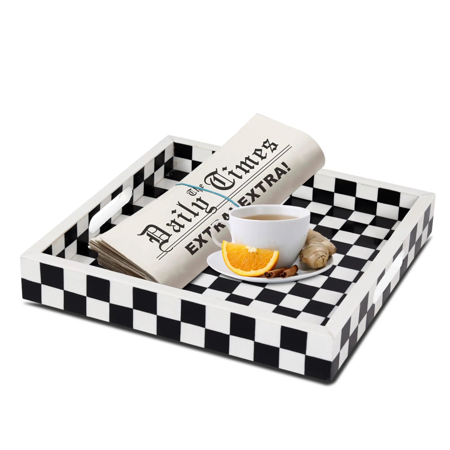 Decorative Trays Illusion Check Pattern Resin Inlay Collection in 12x12, Black & White