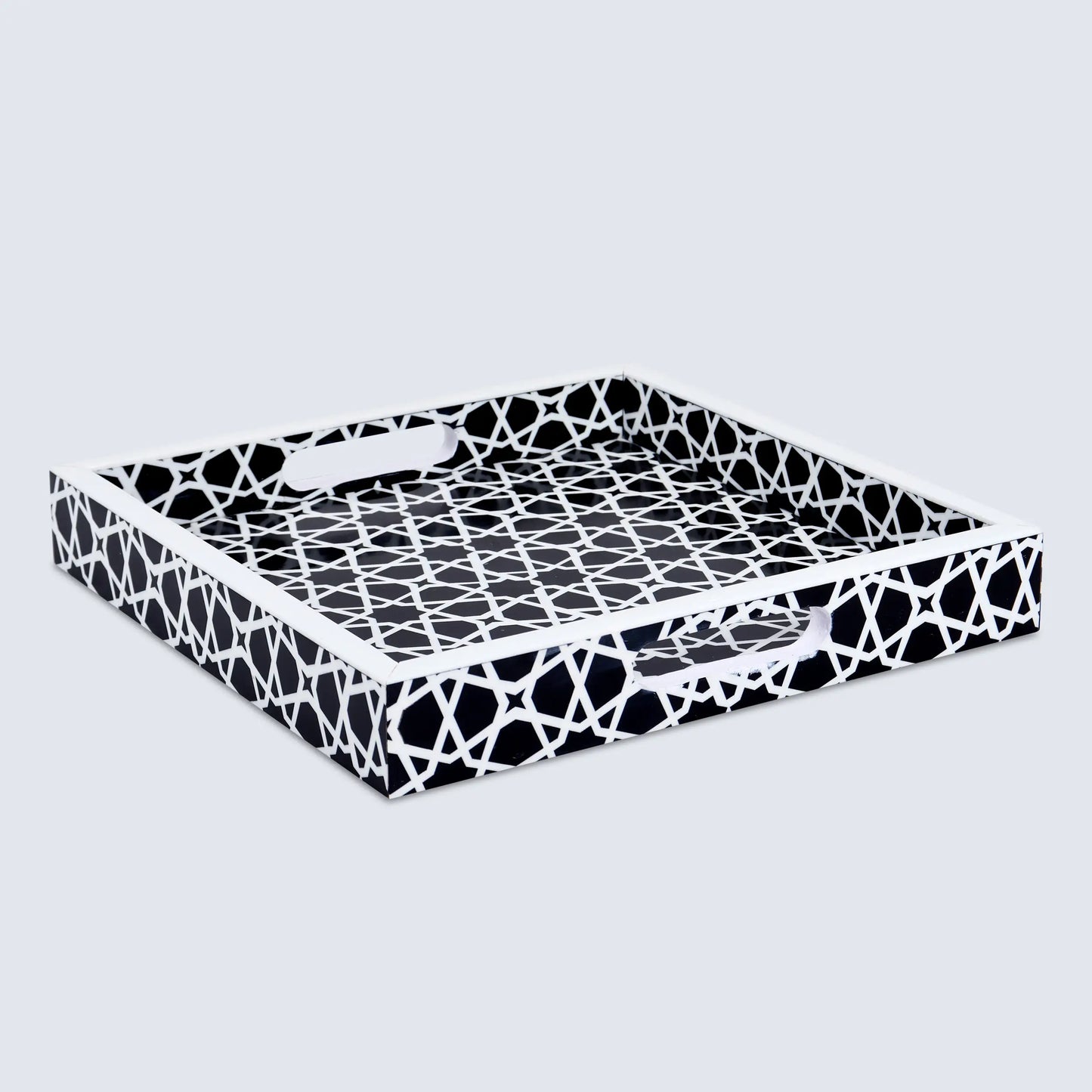 Decorative Trays Zellij Pattern Resin Inlay Collection in 2 Sizes, Black & White