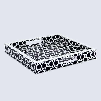 Decorative Trays Zellij Pattern Resin Inlay Collection in 2 Sizes, Black & White