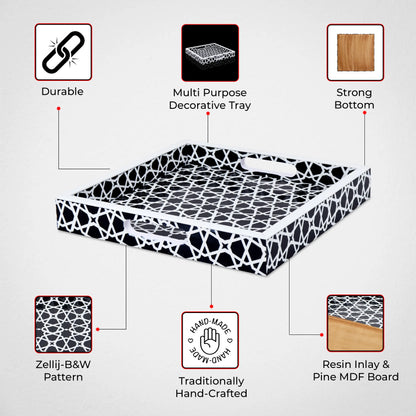 Decorative Trays Zellij Pattern Resin Inlay Collection in 2 Sizes, Black & White
