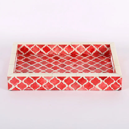 Decorative Trays Moroccan Pattern Bone & Resin Inlay Collection in 3 Sizes, Red & White